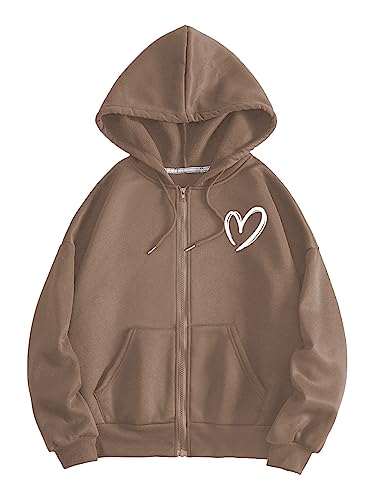 SweatyRocks Women's Graphic Print Full Zip Hoodie Lined Sweatshirt Drawstring Jacket Coat