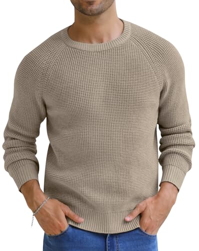 NITAGUT Men’s Jumpers Classic Crew Neck Waffle Textured Knit Sweaters Winter Warm Long Sleeve Pullover with Ribbing Edge,Light Camel,XL