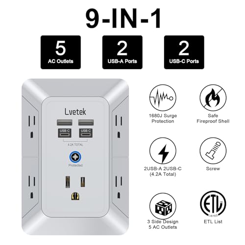 Multi Plug Outlet Surge Protector, Lvetek Outlet Extender with 5 Outlet and 4 USB Ports(2 USB C), 3-Sided Multiple-Plug Outlet Splitter Wall Charger for Home Travel Office,ETL Listed,Grey