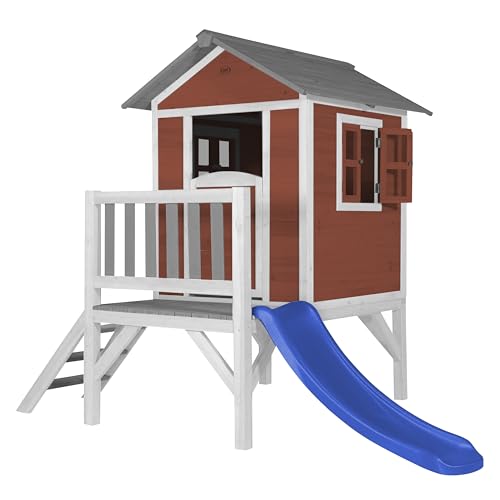 AXI Beach Lodge XL Casetta rosso con scivolo blu | Casa per bambini su palafitte con veranda in legno FSC | Parco giochi per il giardino