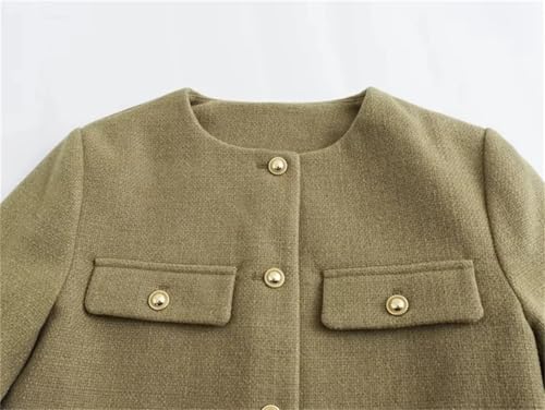Women Long Sleeve Tweed Cropped Jacket Vintage Slim Button Down Petite Blazer Coat with Flap Pocket2