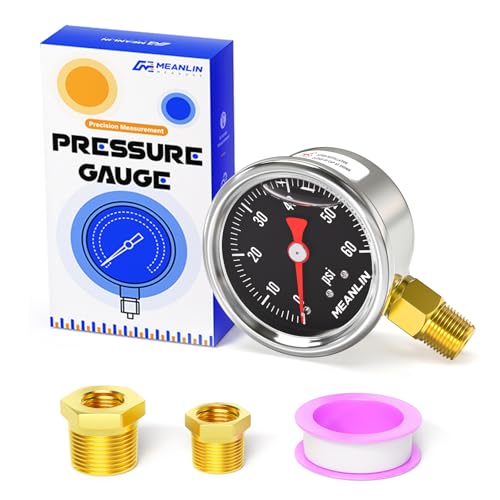 MEANLIN MEASURE 0~60Psi Stainless Steel 1/8" NPT 1.5" FACE DIAL, Glycerin Filled Pressure Gauge, Liquid Filled, Lower Mount(Black) with 1/4" NPT and 3/8" NPT Hex Bushing