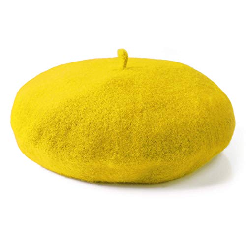 Jeicy Wool Beret Hat Solid Color French Beret with Skily Scarf and Brooch, Yellow - Thumbnail 5