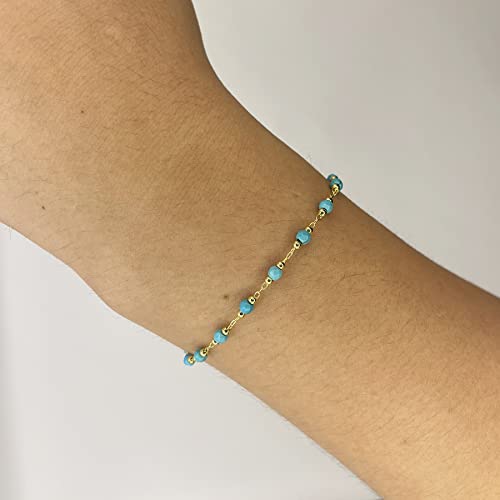 Image of Womens Dainty Gold Chain Bracelet,Simple Layered Chain Bracelets,Beaded Turquoise Bracelet,Charm Crystal Bar,Heart,Karma,Triangle,Pearl Bracelets for Women