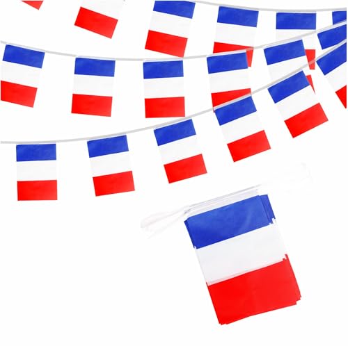 YAAVAAW - Décorations de fanions de drapeaux français pour la France 2024 - 10 m de fanions français - 30 drapeaux français - Drapeau de fanions français - Fanions...
