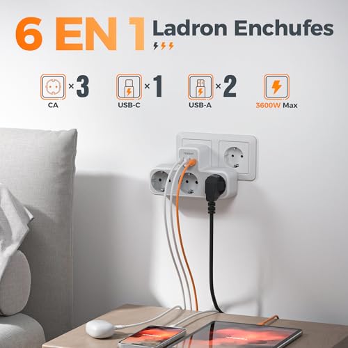 TESSAN Ladron Enchufes Plano con USB C, 6 en 1 Ladrón Enchufes Multiples USB, Triple Cargador Multiple 3600W, Regleta Pared para Oficina, Cocina, Compatible con Móviles, Blanco y Gris - imagen 2