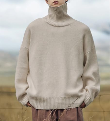 Men's Semi High Neck Solid Color Simple Couple Sweater Casual Loose Oversized Knitted Sweater3