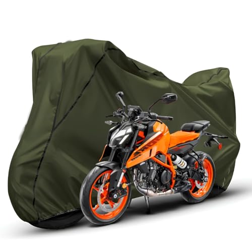 Image of Waterproof Bike Body Cover Compatible with KTM Duke Dustproof Scratchproof - Motorcycle Cover for Two Wheeler, Outdoor Full Cover with UV, Duty, Rain Protection (Olive with Black) R1