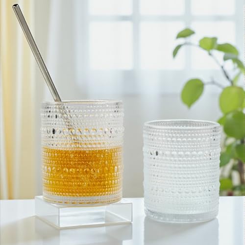 Image of Kookee Jupiter Vintage Hobnail Bubble Glass Double Old Fashioned Tumbler | Whiskey Cocktail Bourbon Glasses Set of 6 | Textured Beaded Barware 300ml (12117)