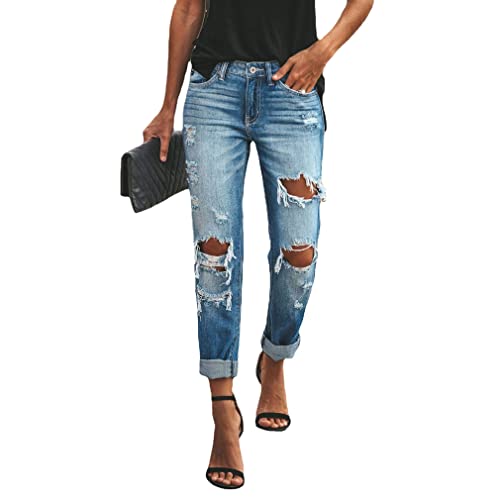 QIYUN.Z Jeans larghi da donna in denim invecchiato strappato elastico, Blu 1, L