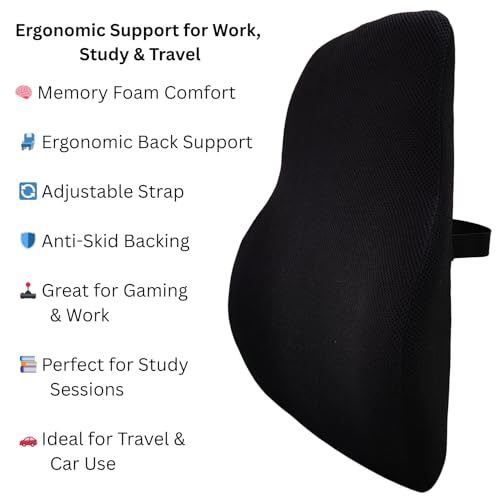Image of Large Back Support for Office Chair, Universal Size Memory Foam Back Rest for Chairs, Breathable Mesh Fabric with Adjustable Strap, Anti Skid Back Fabric, 47x40x12 cm, 18.5x16x5