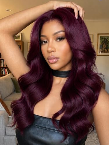 KLAIYI Black Cherry Loose Body Wave Pre Eeverything 13x4 Lace Frontal Wigs Human Hair Bye Bye Knots Glueless Ready to Wear and Go Wig with Face Framing Bangs Drawstring Pre Plucked Burgundy Wig 22Inch