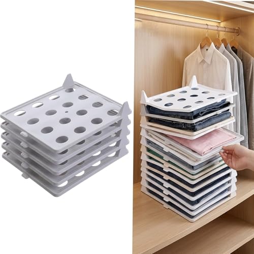 Space-Saving Stackable Clothing Organizer –Interlocking Shirt Folding Boards & Shelf Dividers,Keeps Lightweight Clothes Neat，Stackable Closet Organizer for Shirts, Jeans, T Shirt 5 Pack (Grey)