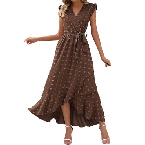 Vestido de mujer 2025 cruzado con cuello en V, manga con volantes, lunares, bohemio, con volantes, abertura, vestido largo, vestido de verano, vacaciones, graduación, fiesta, playa, camping, calle