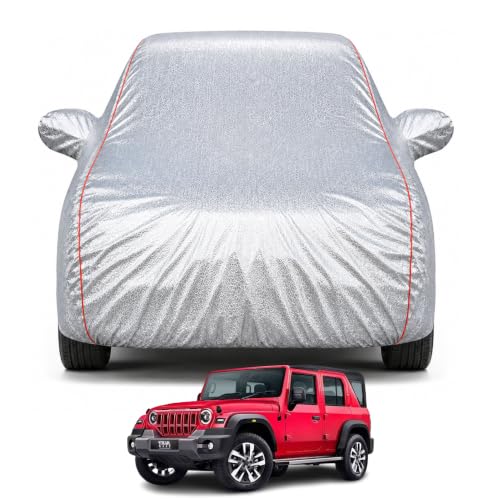 Image of Thar Roxx 2024-2026 Models 100% Waterproof Car Cover for All Weather Protection Mirror & Inner Cotton Triple Stitched Cover, Adjustable Belt Bottom Elastic to Secure Fit (Metalic Silver)