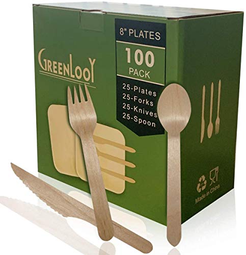 GreenLooy-Disposable Upscale Palm Leaf Tray Set ：25 8'' Square Palm Leaf Plates + 25 Wooden Knives + 25 Wooden Forks+25 Wooden Spoon ,Biodegradable, and Compostable. Better than Bamboo & Paper