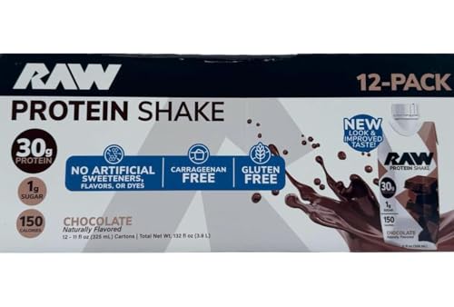 RAW Ready-to-Drink Protein Shake, Chocolate - RTD Protein Drinks with Grass-Fed Whey Protein Isolate for Post-Workout - Zero-Sugar & Gluten-Free Meal Replacement Drink & Breakfast Shake, 11 Fl Oz (Packaging May Vary)