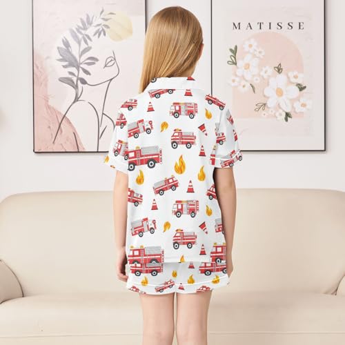 Cartoon Cute Firetruck Summer Satin Pajama Set, Cute Button-Down Sleepwear Pj Set for Sleep Wears4