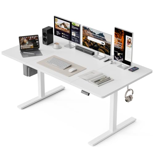 Grandder 63x32 Large Electric Standing Desk, Height Adjustable Computer Desk with 2 Memory Presets, 31.5" Deep Desktop Sit Stand Desk Home Office Desk Workstation Table with Hooks, White by Grandder - Used condition - CA$321.99