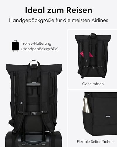 LARKSON Rucksack Damen & Herren Schwarz - No 4 Large - Rolltop Backpack 21 L mit 16 Zoll Laptopfach Uni, Arbeit & Fahrrad - Großer Reiserucksack mit Trolley Strap