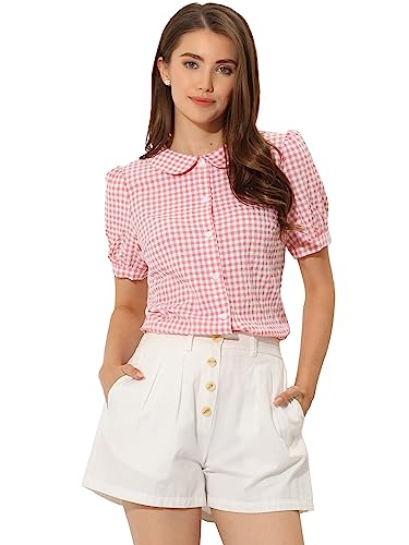 Allegra K Blusa a cuadros de manga corta abombada con cuello Peter Pan y botones para mujer, rosa, L