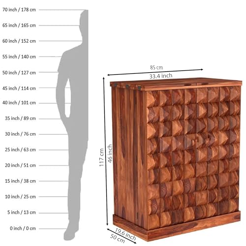 Image of Solid Sheesham Wood Bar Unit Cabinet with Storage Bottle Shelves & Built-in Glass Holder Pyramid Drink Wine Rack Organizer for Living Room, Home & Lounge Dining Cupboard Liquor Furniture