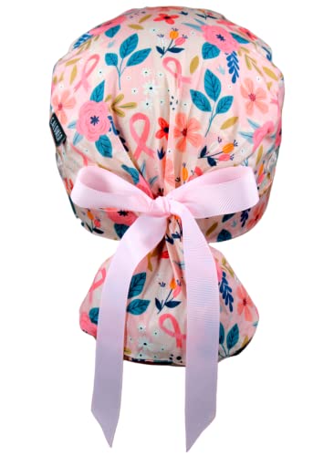 Image of Scrub Cap for Women and Men, Ponytail Scrub Caps, Working Hat, Head Cover with Ribbon Ties and Buttons, Long Hair