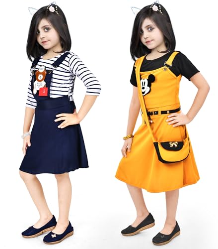 Image of NAIVETY Cotton Blend Casual Short Sleeve Midi Fit and Flare Dress for Girls Kids, Pack of 2