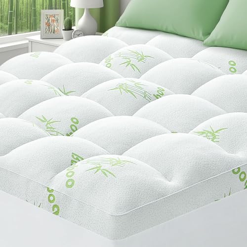 HYLEORY Queen Size Mattress Topper - Viscose Made from Bamboo Pillow Top Mattress Pad for Back Pain Relief Mattress Cover with Stretchable Pockets for 8-21 inches - Naturally Cooling for Hot Sleepers