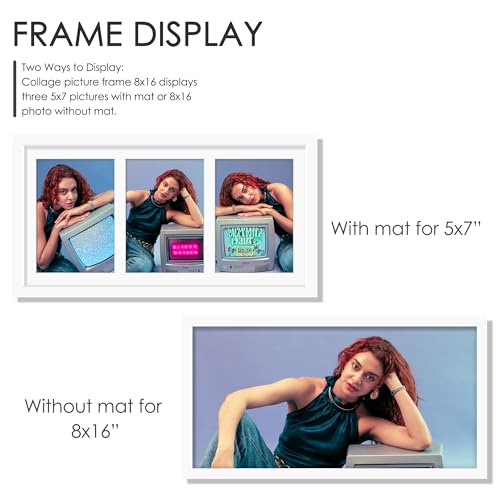 Image of DUENPY 8x16 Collage Picture Frame, 5x7 Collage Picture Frame Displays Three 5x7 inch Photos, or 8x16 (Without Mat) for Available Horizontal Wall Mounting Display and Vertical, White.