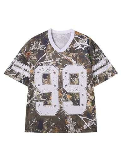 Plameil - Camisetas de jersey de gran tamaño para hombres y mujeres, camisetas gráficas Y2k, cuello en V, manga corta, verano, otoño, multicolor/fantasía (Leaves Print),...