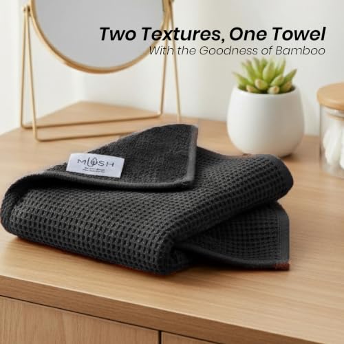 Image of Mush Bamboo Dual Texture Waffle Terry Hand Towel Set of 2 | Ultra Soft, Highly Absorbent, Quick Dry | Hand Towels for Bathroom, Gym & Travel (40x60 cm, 450 GSM) Charcoal Grey