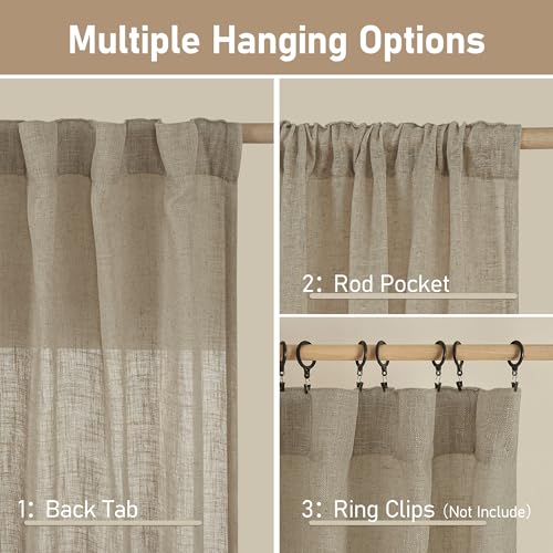 LAMIT Taupe 72 inch Linen Curtains for Living Room 2 Panels, Linen Textured Light Filtering Semi Sheer Back Tab and Rod Pocket Curtain Panels for Bedroom/Farmhouse, 52 x 72 Inch