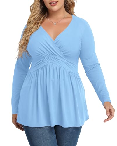 TIANZHU Women's Plus Size V Neck Tunics Tops, Light Blue, XL