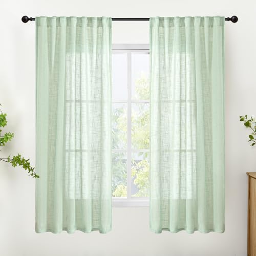 YoungsTex Light Green Linen Curtains 63 Inch Length, Semi Sheer Drapes with Rod Pocket Back Tab Textured Light Filtering Spring Decor for Living Room Window, 2 Panels, 42 X 63 Inch