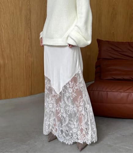 Women's Maxi Skirts Classic Satin Patchwork Lace Hollow-Out High Waist Ankle Length Skirt4