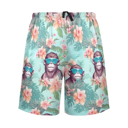 senya Tropical Leaves Pink Mens Pajama Shorts Soft Pants Lounge Sleepwear Bottoms with Drawstring & Pockets