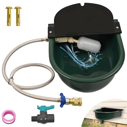 Boajf Automatic Dog Water Dispenser with Drain Valve, 1 Gallon Outdoor Auto Water Dog Bowl with Float Valve, Automatic Chicken Waterer with Hose Quick Connector, for Horse, Poultry (Green)