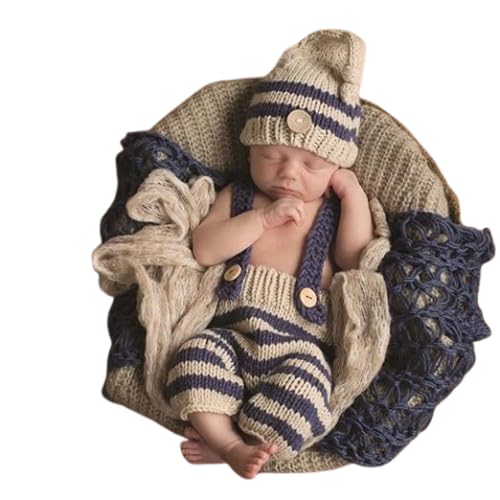 Image of BabyMoon Set of 2 | Knitted Suspender with Cap Hat | Photography Props Costume | Gift Set | 0-6 Months | Blue