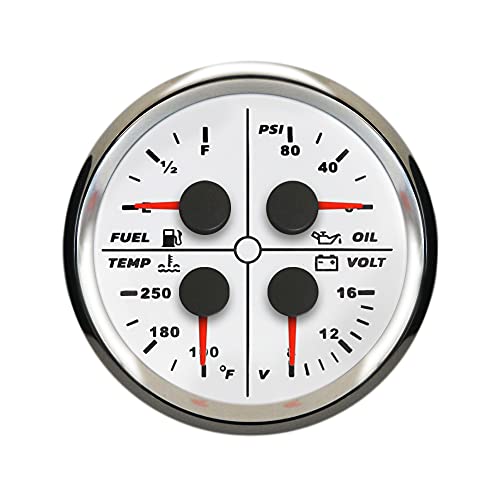 ELING 85mm 4 in 1 Multi-Functional Gauge Oil Pressure 0-80Psi Fuel Level 240-33ohm Water Temp 100-250℉ Voltmeter 12V with Red Backlight for Car Boat Van ATV