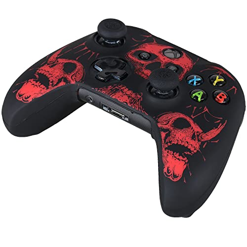 Yorha Laser Carving Silicone Skin For Xbox One S/X Controller X 1(Skulls Red) With Exclusive Thumb Grips X 8 #TOP2