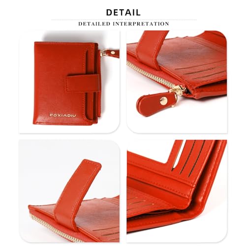 Small Wallet Women RFID Blocking Soft Leather Bifold Compact Card Holder with Zipper Coin Pocket & Removable ID Case（Red）4