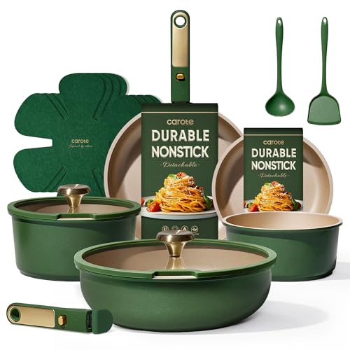 CAROTE Green&Gold Nonstick Cookware Set, 15Pcs Pots and Pans Set Non Stick Detachable/Removable Handle,Kitchen Cooking Set Dishwasher Safe, RV Kitchen Pot and Pan, Induction Cookware