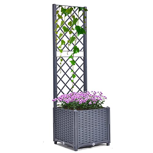 Mingone Pflanzgefäss Rankgitter Hochbeet Blumenkasten mit 1 Pflanzgefäß Wasserspeicher Balkonkasten Rattan Optik für Garten Terrasse 40x40x136cm，Grau