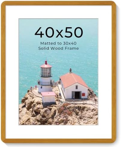 Acovy Gold Teak-Bilderrahmen 40x50 cm mit ESG und abgerundeten Ecken | Bilderrahmen mit Passepartout für 30x40 cm, inkl. Aufhängung, für Wand & Tisch