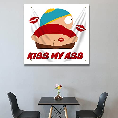 Kasflag South Park Cartman "Kiss My Ass" Flag Tapestry (4X4Ft,Heavy Duty, Durable 150D Polyester) Brass Grommets Banner For Outdoor Garage Man Cave Dorm Room #TOP4
