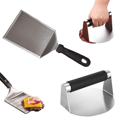 Stainless Steel Burger Kit Smashed Burger Kit Stainless Steel Press and Spatula Set 12.2-Inch Extra-Wide with Ergonomic 45-Degree Design for Grills and Griddles