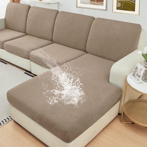 NAISI Waterproof Couch Cushion Covers Thick Velvet Fabric Washable Sofa Slipcovers Sectional Couch Covers for 4 Pieces Separate L Shape Couch Cover with Elastic Bottom(3 Seater + 1 Chaise,Sand)