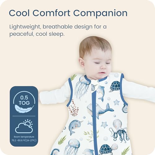 Image of Sleep Sack 6-15 Months, 0.5TOG Summer Light Wearable Blanket with 2-way Zippers, Premium Soft Breathable Baby Sleeping Bag for 6-12-15 Months Baby, 2 Pack(Ocean Crew)