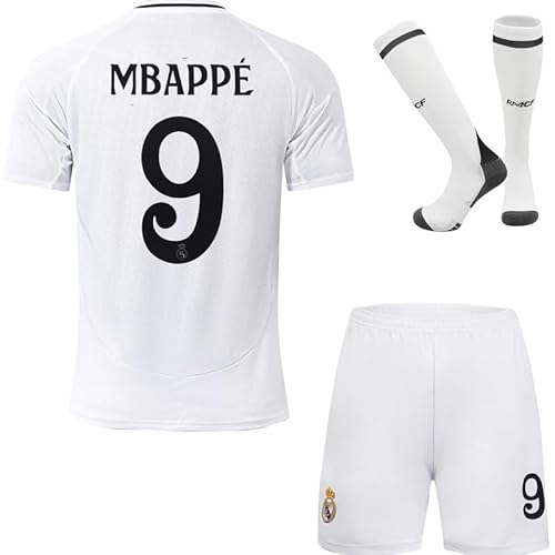 Soft Gardin 2024/2025 R. Madrid Mbappe #9 Home Football Soccer Jersey/Shorts Socks Gift Set Youth Sizes (White, 26)